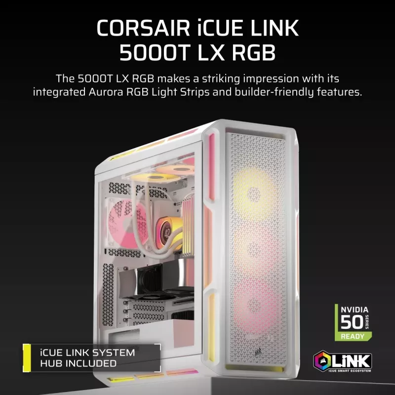 CORSAIR 5000T LX RGB (temdintas stiklas) balta - vidutinis kompiuterio korpusas