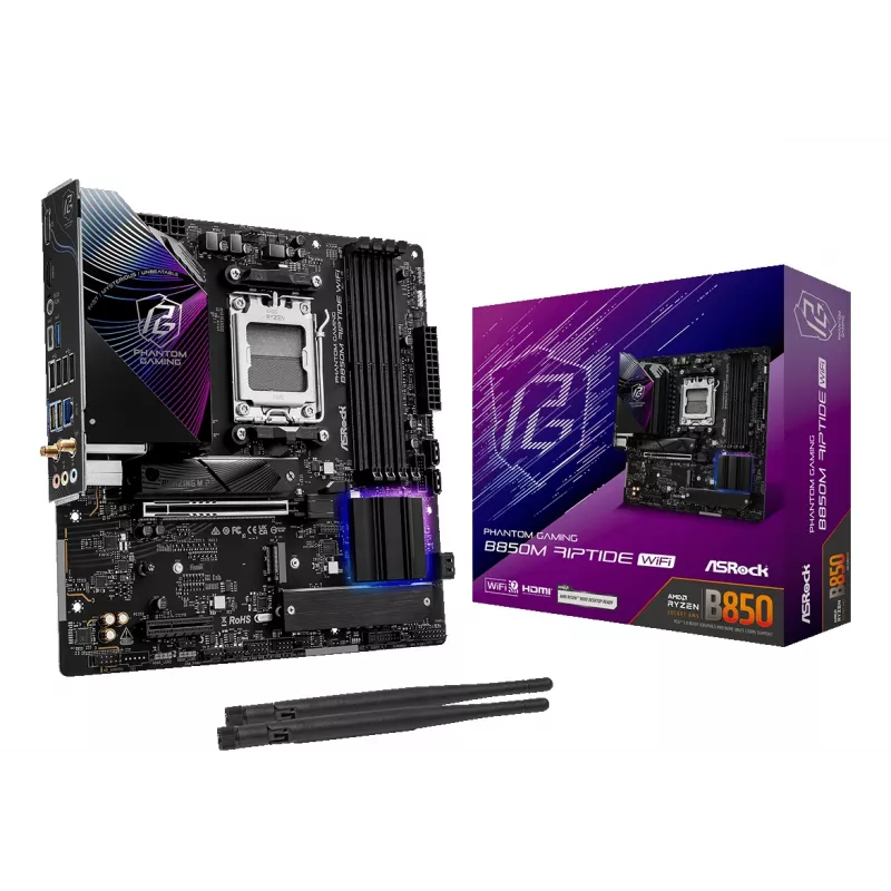 ASRock pagrindinė plokštė B850M Riptide WiFi AM5 AMD B850 4x DDR5 1x HDMI 2.1 TMDS/FRL 8G 1x DisplayPort 1.4 su DSC mATX