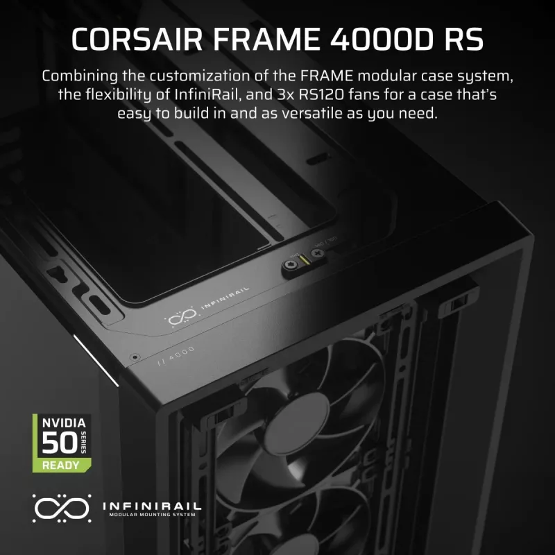 Korpusas CORSAIR FRAME 4000D RS Midi Tower – juodas, EATX, grūdintas stiklas, USB-C, 3x120 mm priekiniai ventiliatoriai