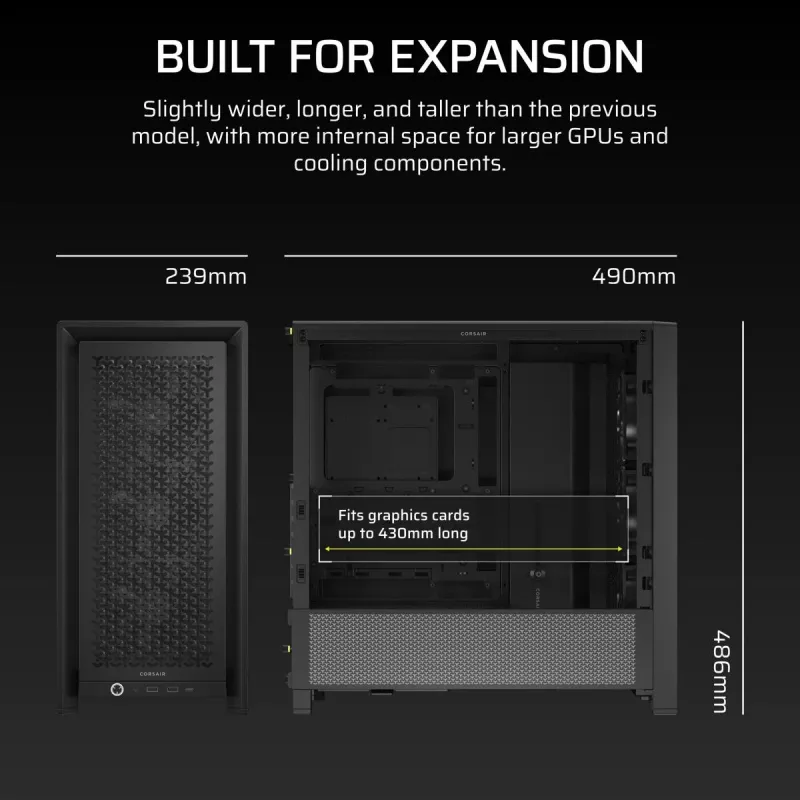 Korpusas CORSAIR FRAME 4000D RS Midi Tower – juodas, EATX, grūdintas stiklas, USB-C, 3x120 mm priekiniai ventiliatoriai