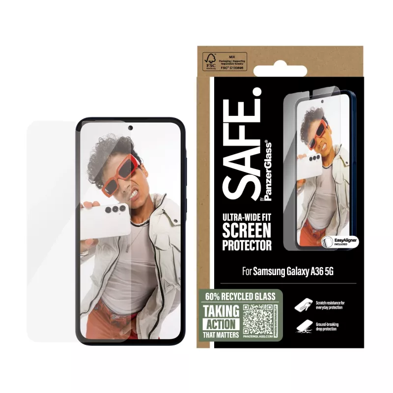 PanzerGlass SAFE. by ® Ekrano apsauga Samsung Galaxy A36 5G | Ultra-Wide Fit su EasyAligner