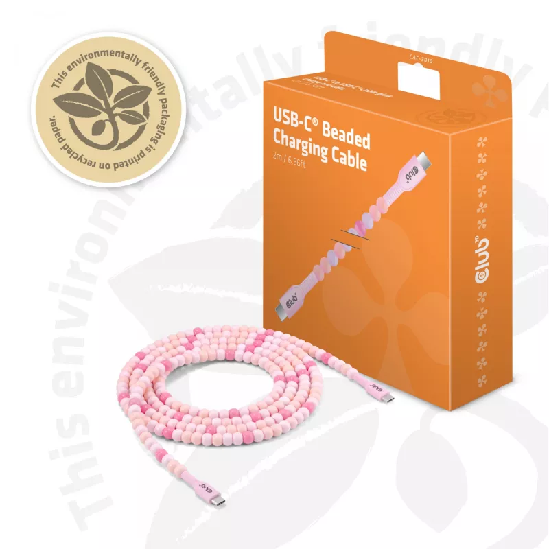 Club 3D CAC-3010 USB-C į USB-C karoliukų kabelis, 2 m, PD 60 W, 480 Mbps, rožinis