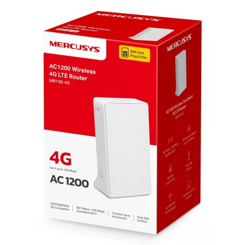 MERCUSYS MB130-4G belaidis maršrutizatorius Ethernet dviejų juostų (2,4 GHz / 5 GHz) - Baltas