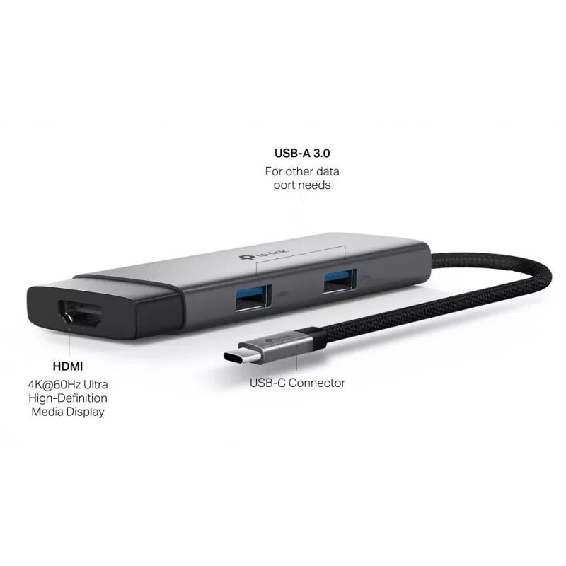 TP-Link UH5020C USB-C šakotuvas, 5 prievadų, HDMI 4K@60Hz, 100 W Power Delivery, 1x USB-C, 2x USB-A, 5 Gbps, aliuminis, pilkas
