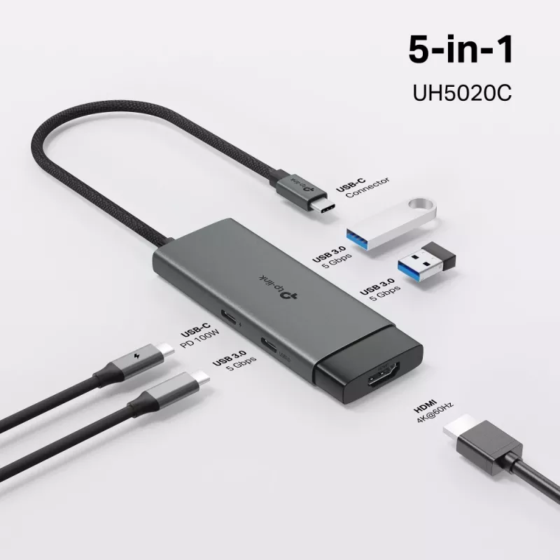 TP-Link UH5020C USB-C šakotuvas, 5 prievadų, HDMI 4K@60Hz, 100 W Power Delivery, 1x USB-C, 2x USB-A, 5 Gbps, aliuminis, pilkas