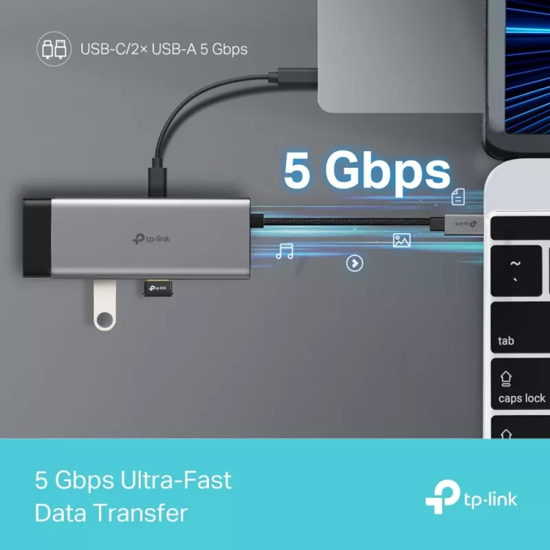 TP-Link UH5020C USB-C šakotuvas, 5 prievadų, HDMI 4K@60Hz, 100 W Power Delivery, 1x USB-C, 2x USB-A, 5 Gbps, aliuminis, pilkas
