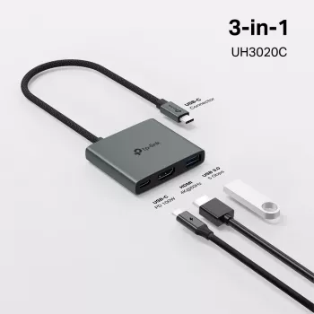 USB Type-C stotelė TP-Link UH3020C — 3 prievadai (HDMI, USB-A, USB-C), 5 Gbit/s, HDMI 4K@60Hz, PD iki 100W, aliuminis, 0,18 m laidas