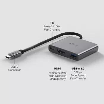 USB Type-C stotelė TP-Link UH3020C — 3 prievadai (HDMI, USB-A, USB-C), 5 Gbit/s, HDMI 4K@60Hz, PD iki 100W, aliuminis, 0,18 m laidas