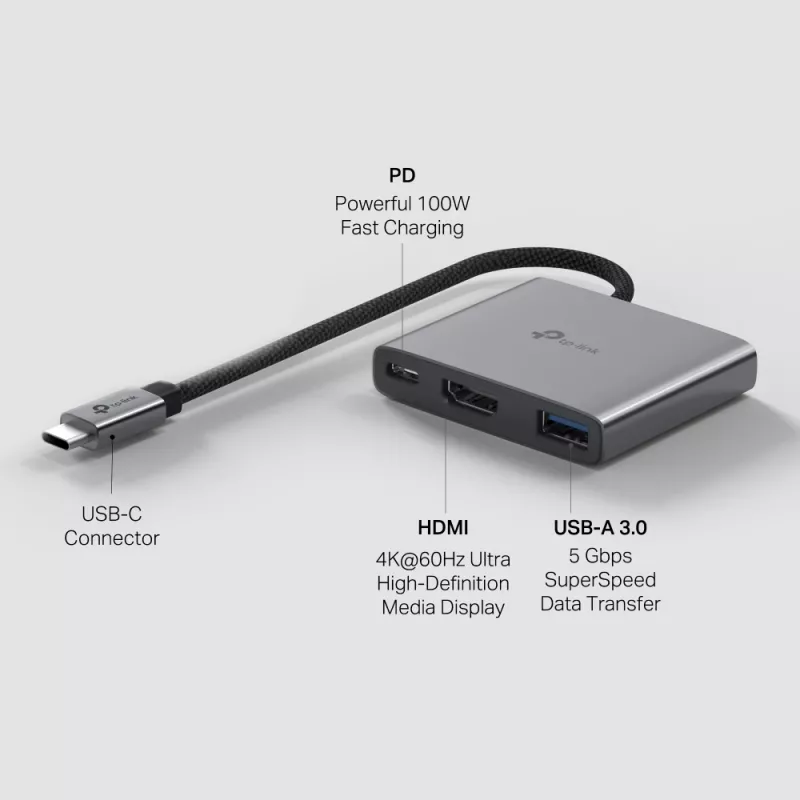 USB Type-C stotelė TP-Link UH3020C — 3 prievadai (HDMI, USB-A, USB-C), 5 Gbit/s, HDMI 4K@60Hz, PD iki 100W, aliuminis, 0,18 m laidas
