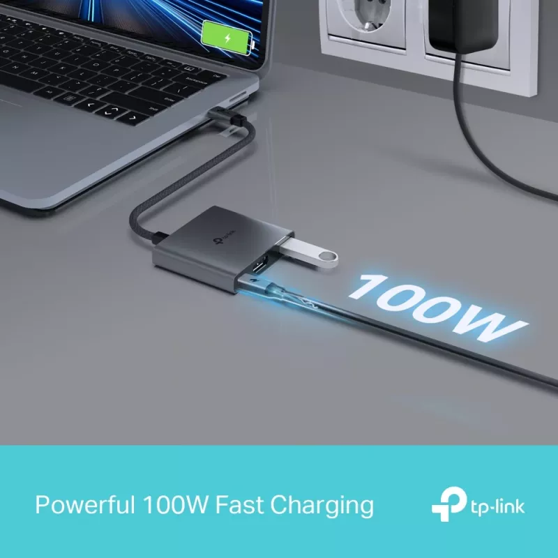 USB Type-C stotelė TP-Link UH3020C — 3 prievadai (HDMI, USB-A, USB-C), 5 Gbit/s, HDMI 4K@60Hz, PD iki 100W, aliuminis, 0,18 m laidas