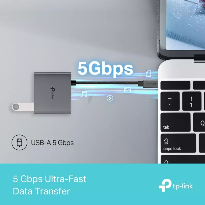 USB Type-C stotelė TP-Link UH3020C — 3 prievadai (HDMI, USB-A, USB-C), 5 Gbit/s, HDMI 4K@60Hz, PD iki 100W, aliuminis, 0,18 m laidas