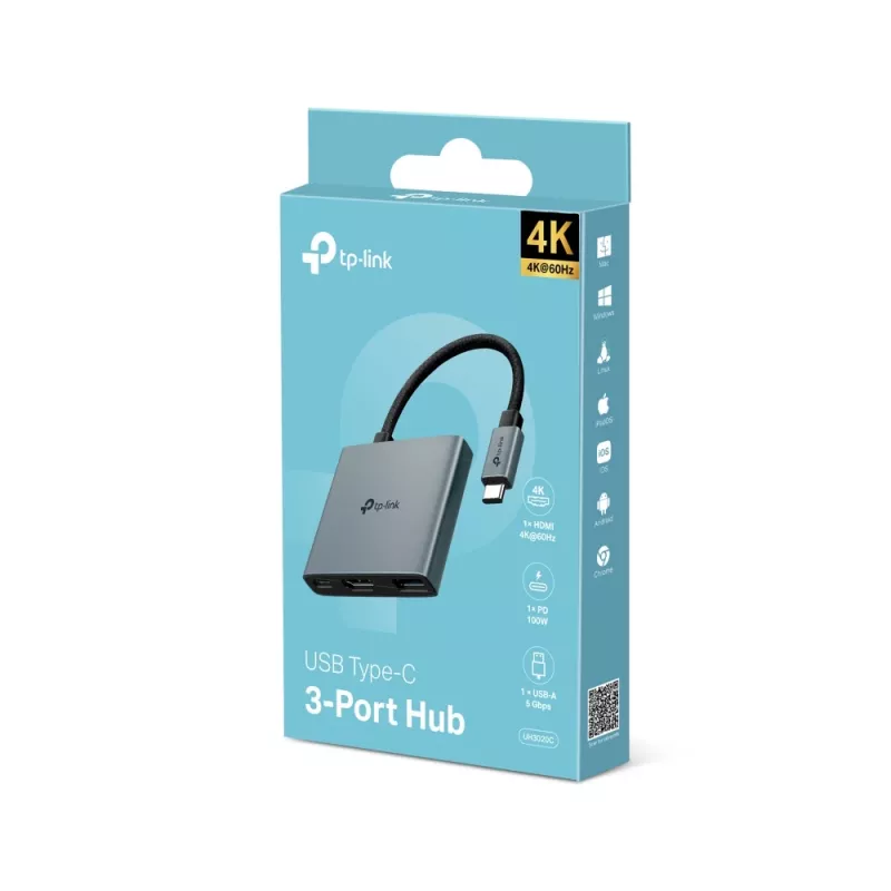 USB Type-C stotelė TP-Link UH3020C — 3 prievadai (HDMI, USB-A, USB-C), 5 Gbit/s, HDMI 4K@60Hz, PD iki 100W, aliuminis, 0,18 m laidas
