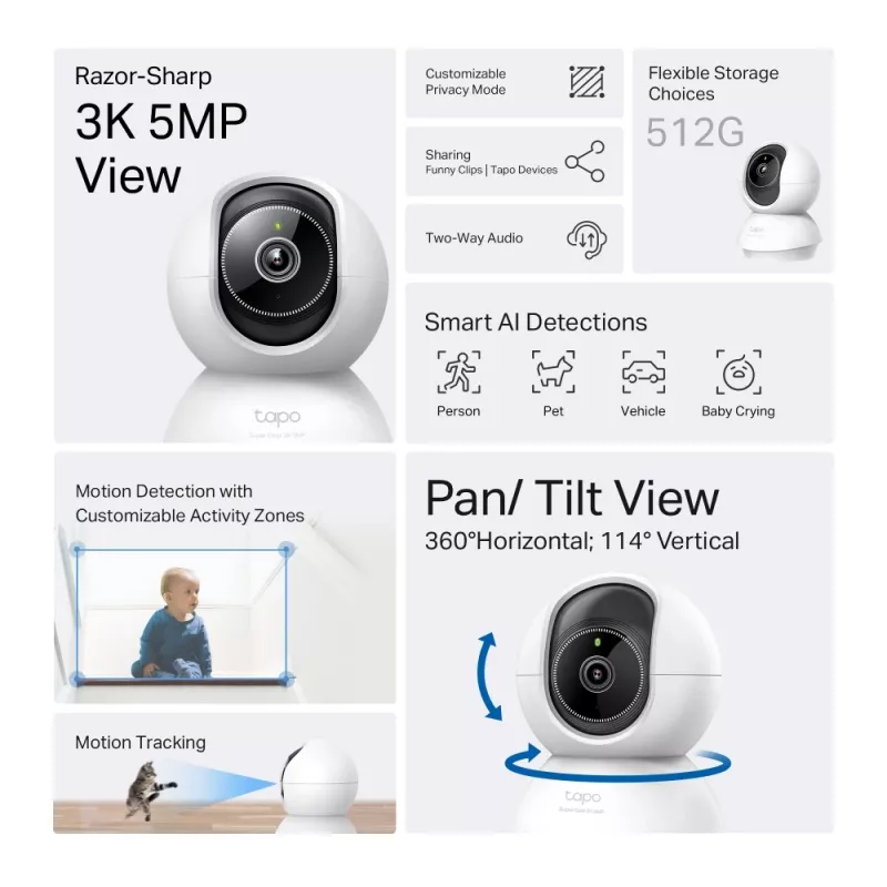 TP-Link Tapo Pan/Tilt AI 3K 5MP belaidė IP stebėjimo kamera, 2,4 GHz, 360°
