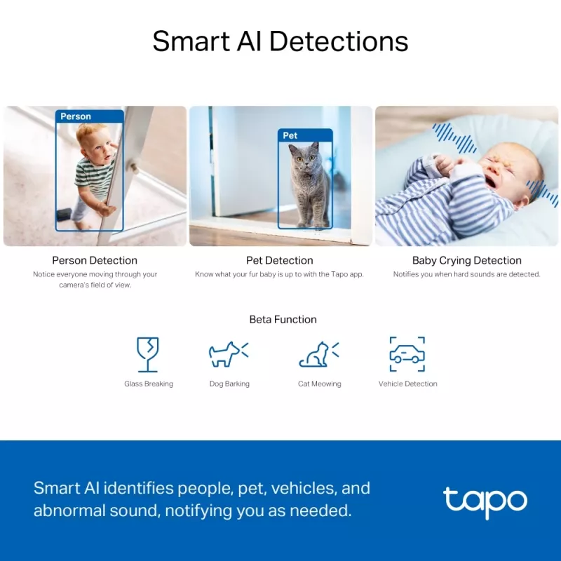 TP-Link Tapo Pan/Tilt AI 3K 5MP belaidė IP stebėjimo kamera, 2,4 GHz, 360°
