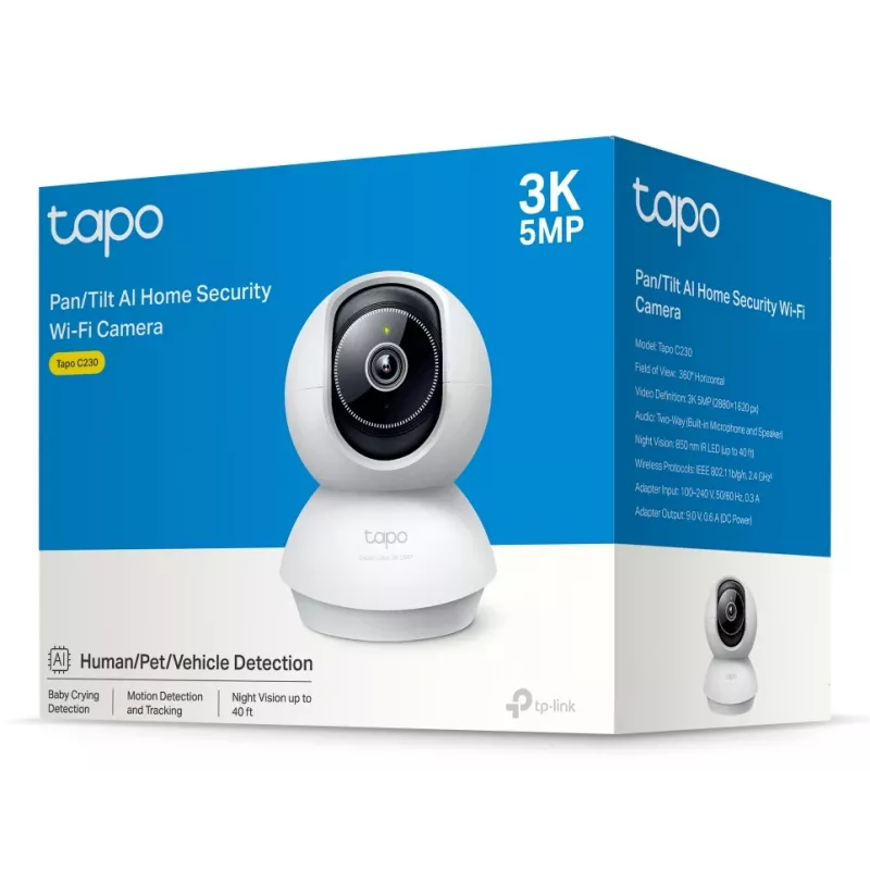 TP-Link Tapo Pan/Tilt AI 3K 5MP belaidė IP stebėjimo kamera, 2,4 GHz, 360°