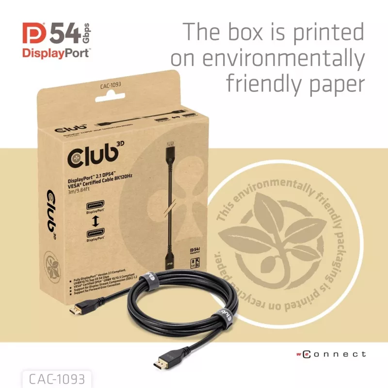 CLUB3D DisplayPort™ 2.1 DP54™ VESA® sertifikuotas laidas 8K120Hz 3m