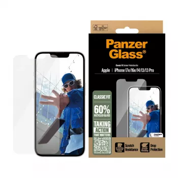 PanzerGlass® Classic Fit ekrano apsauginis stiklas iPhone 17e | 16e | 14 | 13 | 13 Pro su EasyAligner