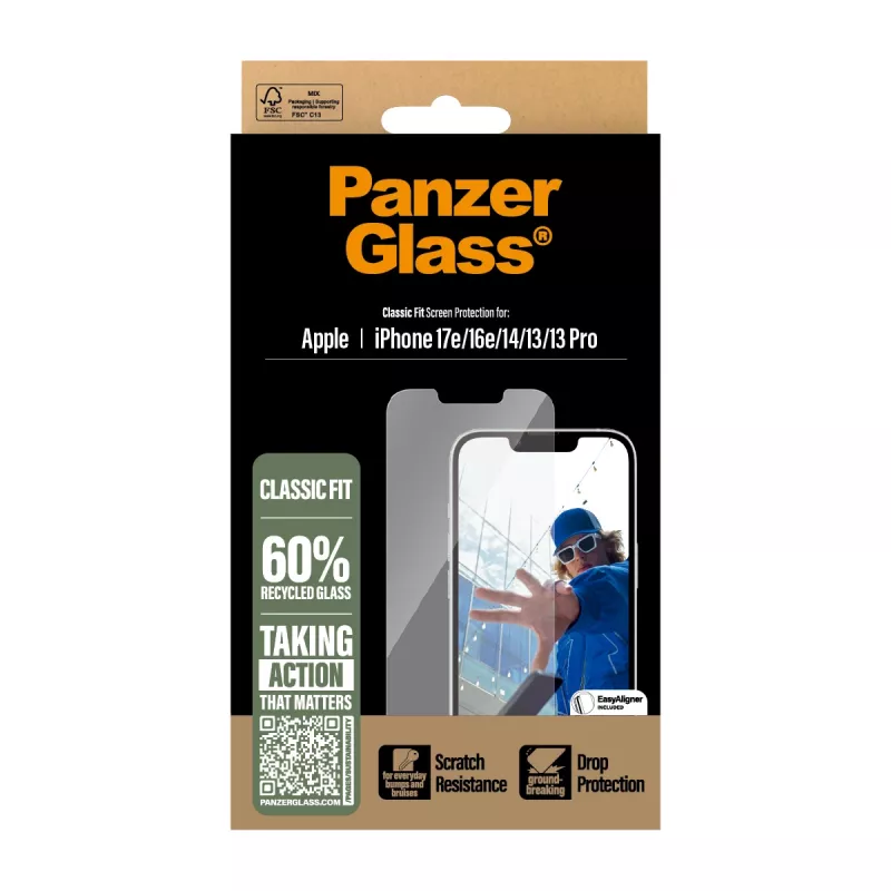 PanzerGlass® Classic Fit ekrano apsauginis stiklas iPhone 17e | 16e | 14 | 13 | 13 Pro su EasyAligner