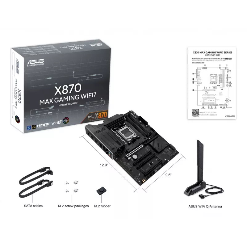 Motininė plokštė ASUS X870 MAX GAMING WIFI7 ATX — AMD X870, Socket AM5, DDR5, 4 DIMM, 256 GB, Wi‑Fi 7, Bluetooth 5.4, 3 M.2, 2x USB4 Gen3x2