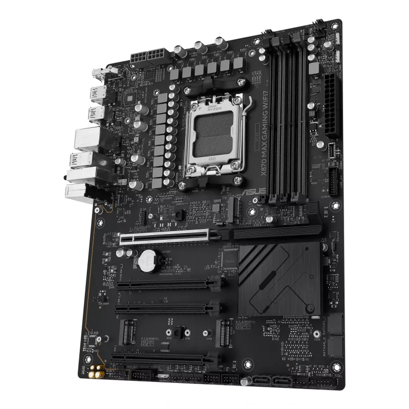 Motininė plokštė ASUS X870 MAX GAMING WIFI7 ATX — AMD X870, Socket AM5, DDR5, 4 DIMM, 256 GB, Wi‑Fi 7, Bluetooth 5.4, 3 M.2, 2x USB4 Gen3x2