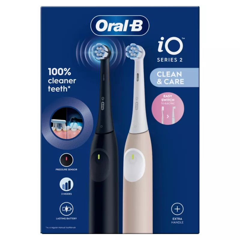 Elektrinis dantų šepetėlis Oral-B iO Series 2 Duo juodas rožinis įkraunamas su išmaniuoju slėgio jutikliu