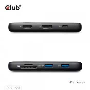 CLUB3D 8-1 nešiojamas USB Type-C 10Gbps dokas su HDMI ir DisplayPort 8K30Hz, PD iki 100W