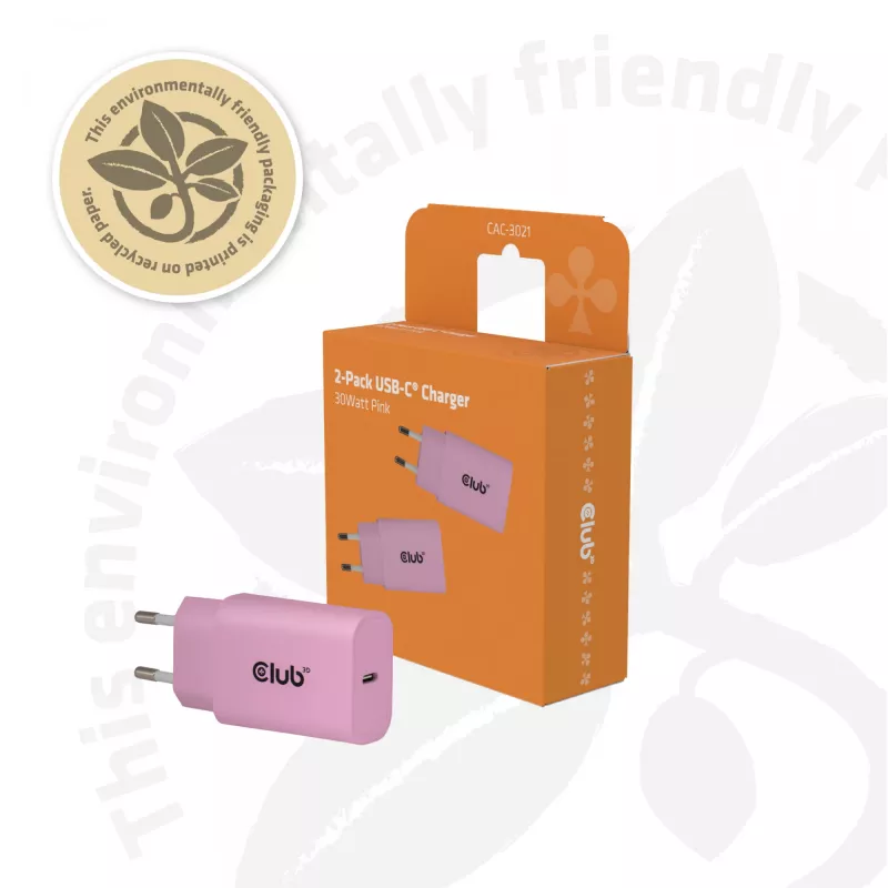 CLUB3D 2 vnt USB-C įkroviklis 30 W, baltas, vidaus, AC, rožinis