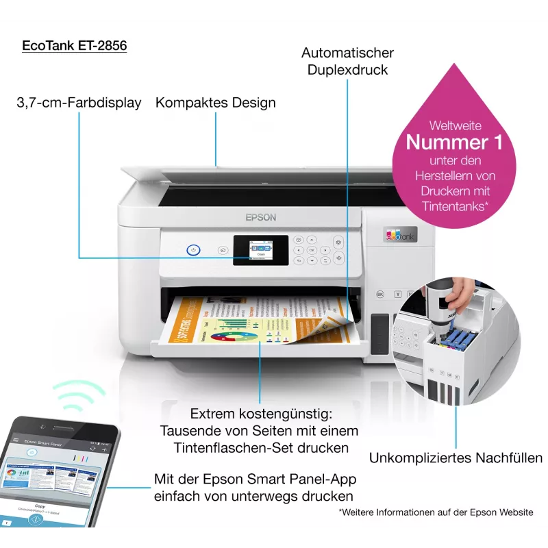 Epson EcoTank ET-2856 rašalinis daugiafunkcis įrenginys A4, 5760 x 1440 DPI, 33 ppm, Wi-Fi