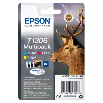 Epson Stag Multipack 3 spalvos T1306 DURABrite Ultra rašalas, didelės talpos (XL), ciangentinė, raudona, geltona, pigmentinis rašalas, 10,1 ml, 1 vnt., kelių pakuotė