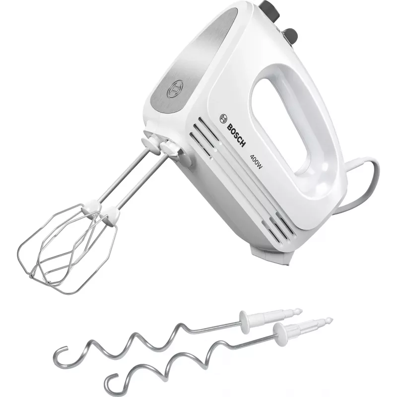 Rankinis plaktuvas Bosch MFQ24200 — 400 W, 4 greičiai, turbo, šlifuotas plienas/baltas