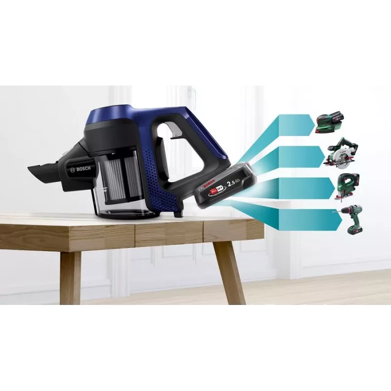 Bosch Serie 6 BBS611MAT 2-in-1 lazdelinis dulkių siurblys, sausas valymas, be maišelio, 0,3 l, mėlynas, 2,5 Ah