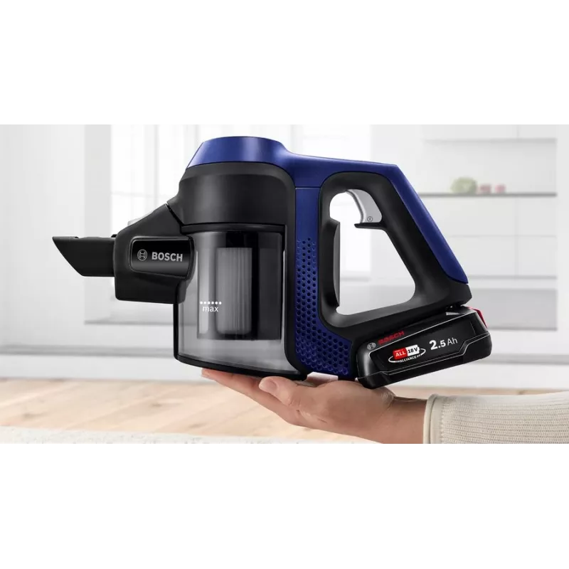 Bosch Serie 6 BBS611MAT 2-in-1 lazdelinis dulkių siurblys, sausas valymas, be maišelio, 0,3 l, mėlynas, 2,5 Ah