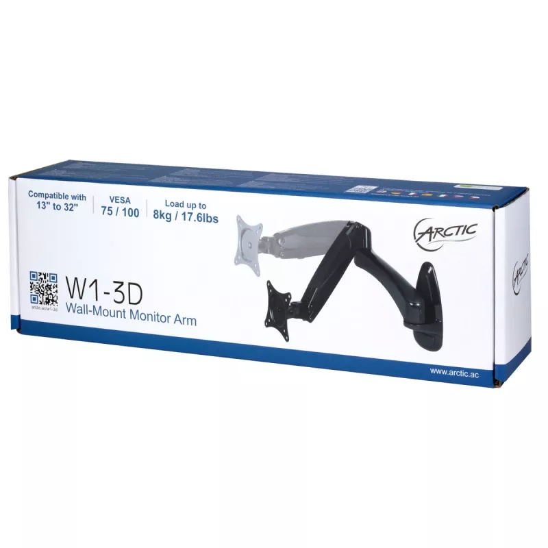 ARCTIC W1-3D – Sieninis monitoriaus laikiklis su dujine pakėlimo technologija, 8 kg, 33 cm (13 col.), 81,3 cm (32 col.), 75 x 75 mm, 100 x 100 mm, juodas