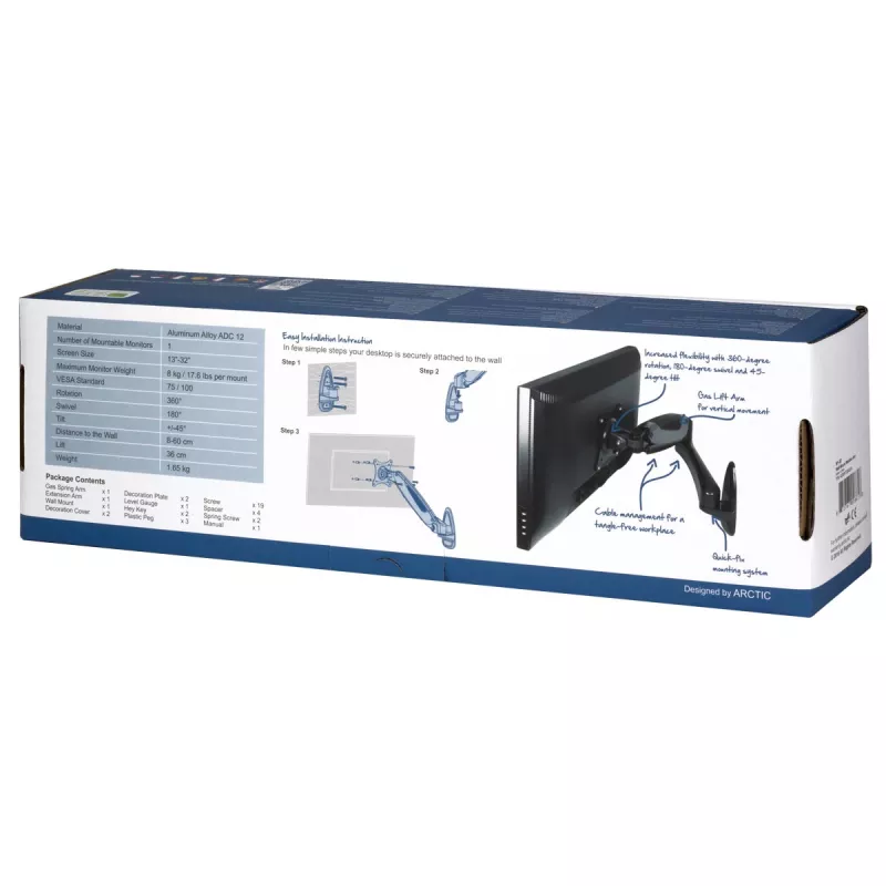 ARCTIC W1-3D – Sieninis monitoriaus laikiklis su dujine pakėlimo technologija, 8 kg, 33 cm (13 col.), 81,3 cm (32 col.), 75 x 75 mm, 100 x 100 mm, juodas