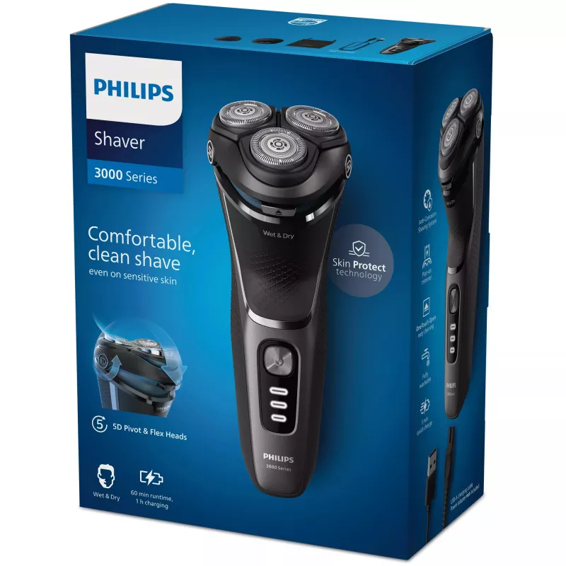Elektrinis skustuvas Philips 3000 Series S3343/13 — 3 galvutės, šlapiam ir sausam skutimuisi, 60 min baterija, PowerCut ašmenys