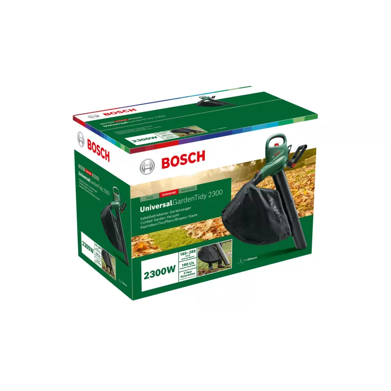 Pūstuvas Bosch Universal GardenTidy 2300 — 2300 W, 576 m³/h, 45 L surinkimo maišas, 185–285 km/h, smulkinimo funkcija