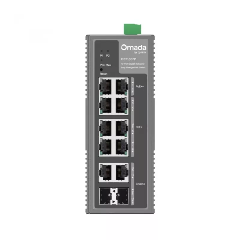 TP-Link Omada 10 prievadų Gigabit pramoninis lengvai valdomas jungiklis su 6 PoE+ ir 2 PoE++ prievadais