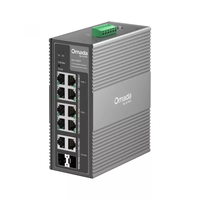 TP-Link Omada 10 prievadų Gigabit pramoninis lengvai valdomas jungiklis su 6 PoE+ ir 2 PoE++ prievadais
