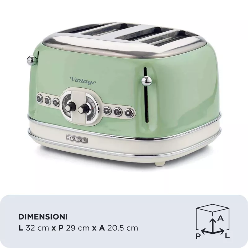 Ariete 156 4 anglių vintage skrudintuvas, 1600 W, 6 skrudinimo lygiai, nerūdijantis plienas dažytas pasteline žalia, be sumuštinių grotelių. Žalia
