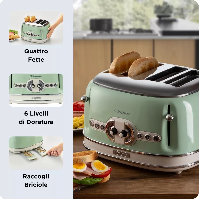 Ariete 156 4 anglių vintage skrudintuvas, 1600 W, 6 skrudinimo lygiai, nerūdijantis plienas dažytas pasteline žalia, be sumuštinių grotelių. Žalia