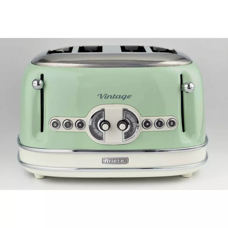 Ariete 156 4 anglių vintage skrudintuvas, 1600 W, 6 skrudinimo lygiai, nerūdijantis plienas dažytas pasteline žalia, be sumuštinių grotelių. Žalia