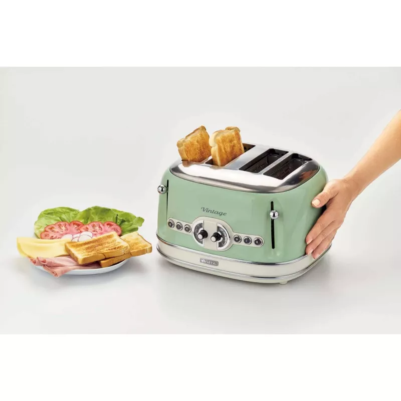 Ariete 156 4 anglių vintage skrudintuvas, 1600 W, 6 skrudinimo lygiai, nerūdijantis plienas dažytas pasteline žalia, be sumuštinių grotelių. Žalia