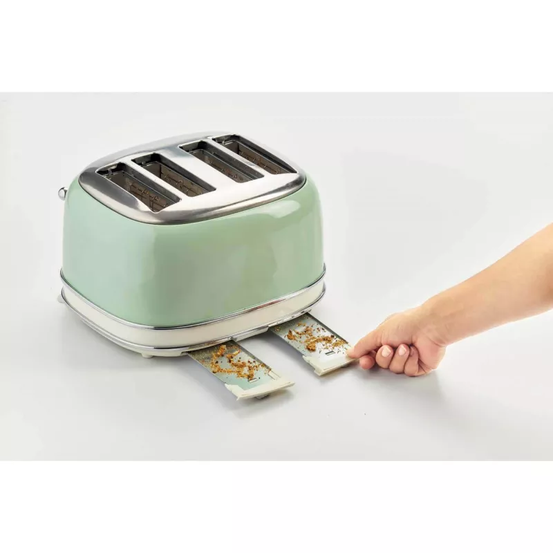 Ariete 156 4 anglių vintage skrudintuvas, 1600 W, 6 skrudinimo lygiai, nerūdijantis plienas dažytas pasteline žalia, be sumuštinių grotelių. Žalia