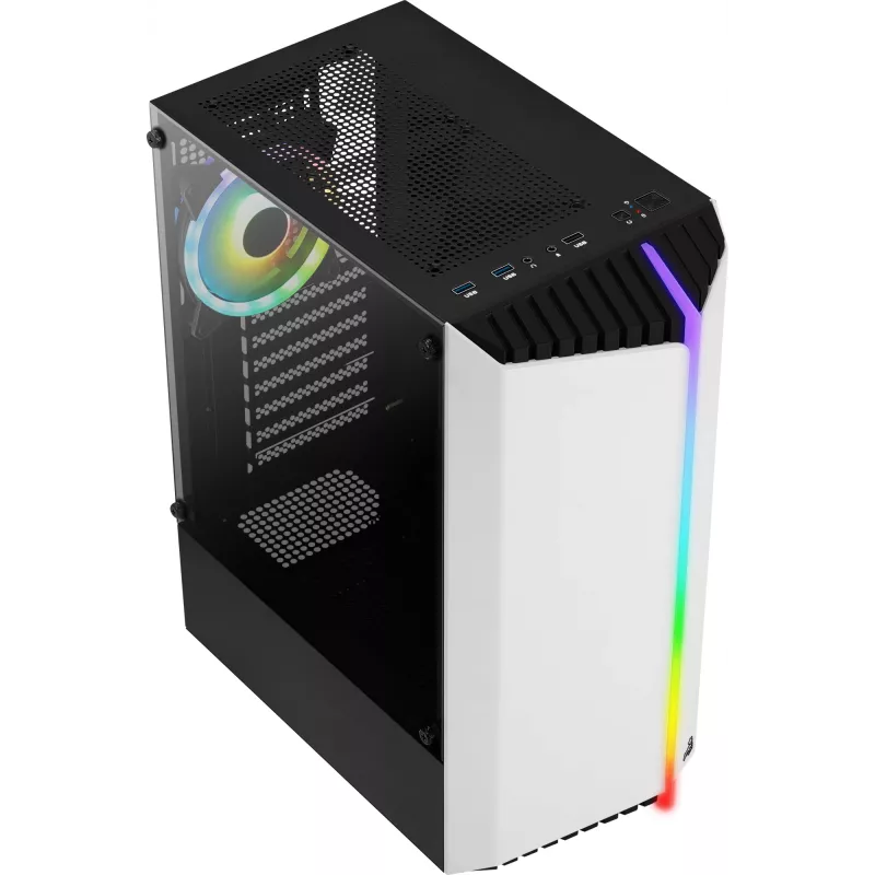 PC korpusas AEROCOOL Bionic Midi Tower White — ATX, grūdintas stiklas, 2x3.5 colio vietos, 6x2.5 colio, 297 mm GPU, mėlyna LED