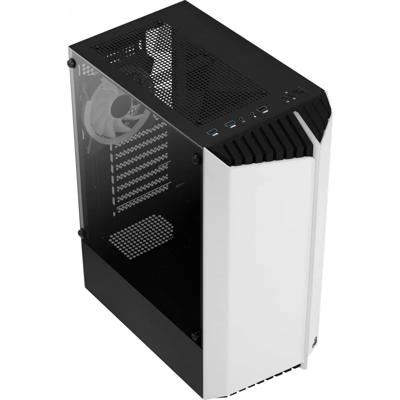 PC korpusas AEROCOOL Bionic Midi Tower White — ATX, grūdintas stiklas, 2x3.5 colio vietos, 6x2.5 colio, 297 mm GPU, mėlyna LED