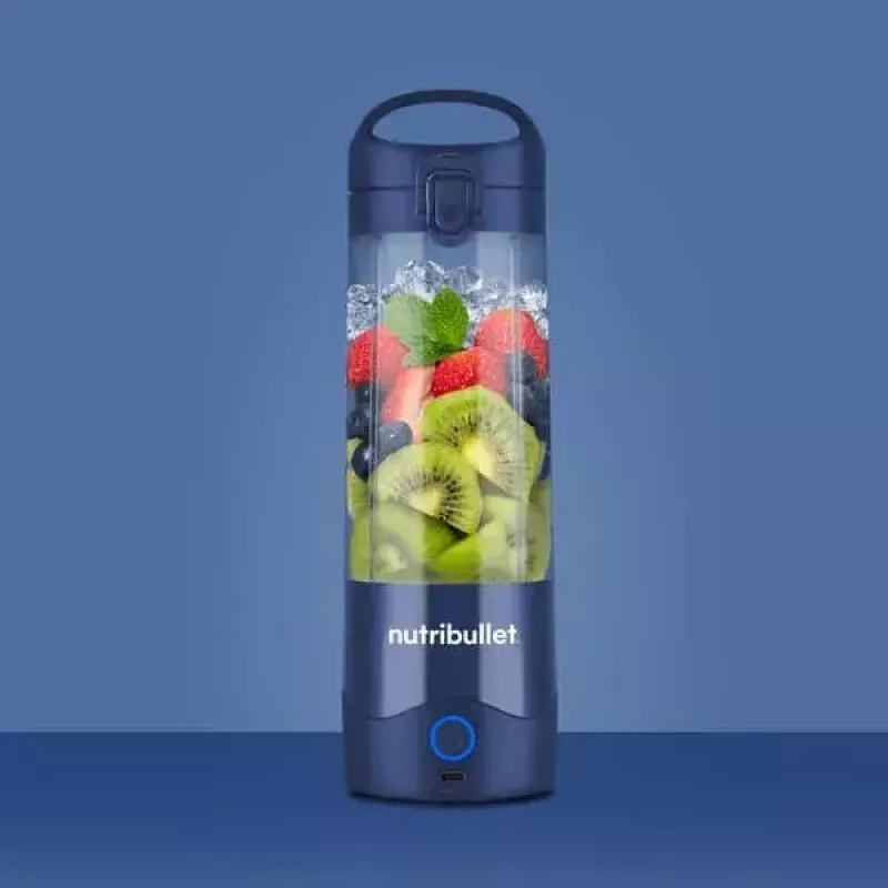 Sportinis blenderis NUTRIBULLET Portable 0,475 L, maitinamas baterija, nerūdijančio plieno peiliai, Tritan dubuo, tamsiai mėlynas