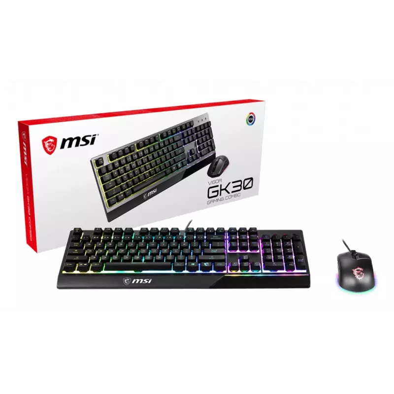 MSI VIGOR GK30 COMBO RGB MEMchanical Gaming klaviatūra + Clutch GM11 Gaming pelė, UK išdėstymas, 6 zonų RGB apšvietimas klaviatūroje, dviejų zonų RGB apšvietimas pelėje, 5000 DPI optinis jutiklis, RGB Mystic Light
