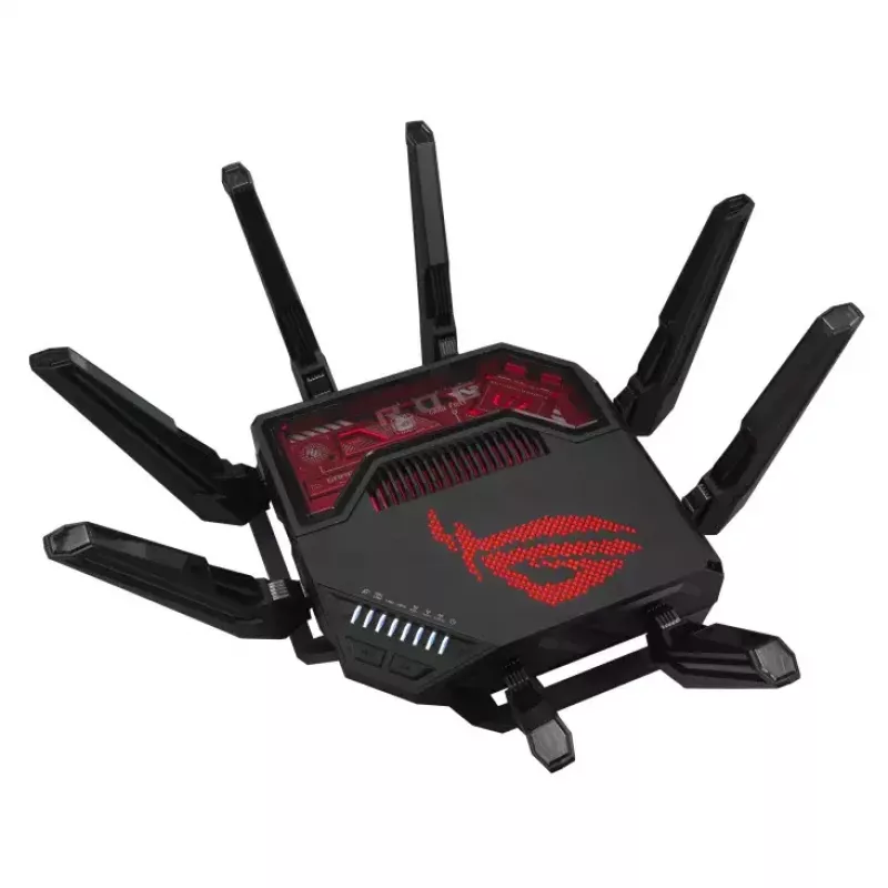 ASUS ROG Rapture GT-BE19000 belaidis maršrutizatorius, Wi-Fi 7, trijų juostų (2.4 GHz / 5 GHz / 6 GHz), Multi-Gigabit Ethernet, juodas/raudonas