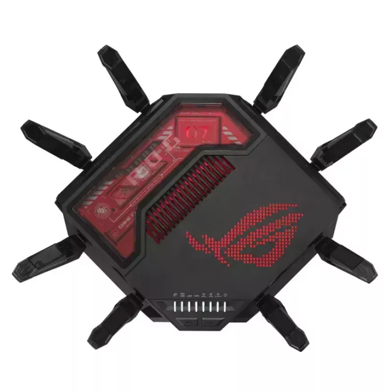 ASUS ROG Rapture GT-BE19000 belaidis maršrutizatorius, Wi-Fi 7, trijų juostų (2.4 GHz / 5 GHz / 6 GHz), Multi-Gigabit Ethernet, juodas/raudonas