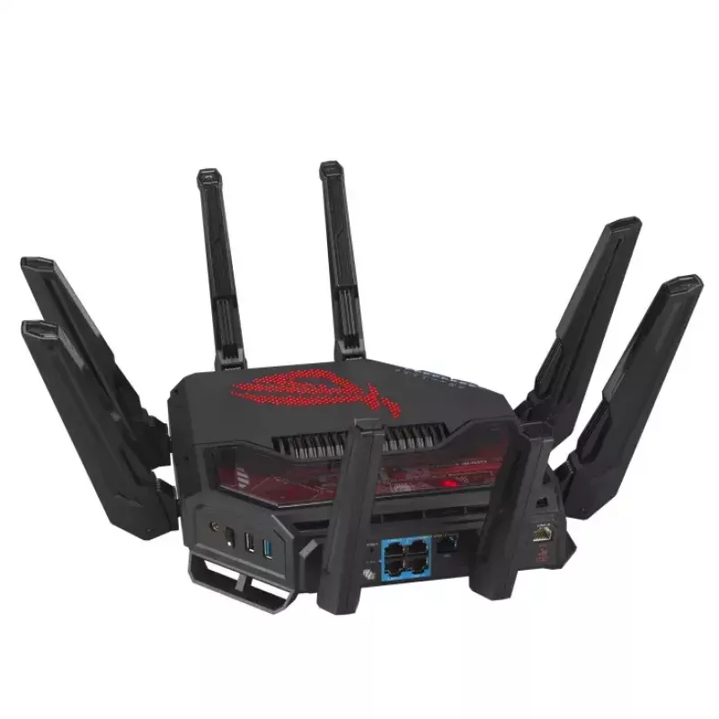 ASUS ROG Rapture GT-BE19000 belaidis maršrutizatorius, Wi-Fi 7, trijų juostų (2.4 GHz / 5 GHz / 6 GHz), Multi-Gigabit Ethernet, juodas/raudonas